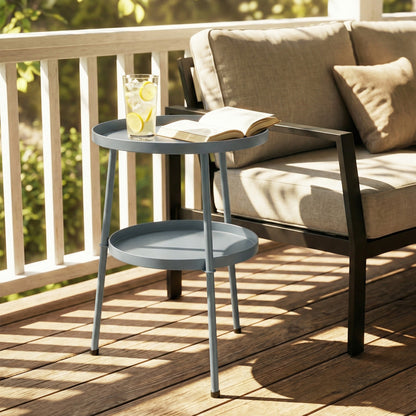 14.2" Round Outdoor Side Table — Metal Tripod Patio/Balcony Accent Table, Dark Gray