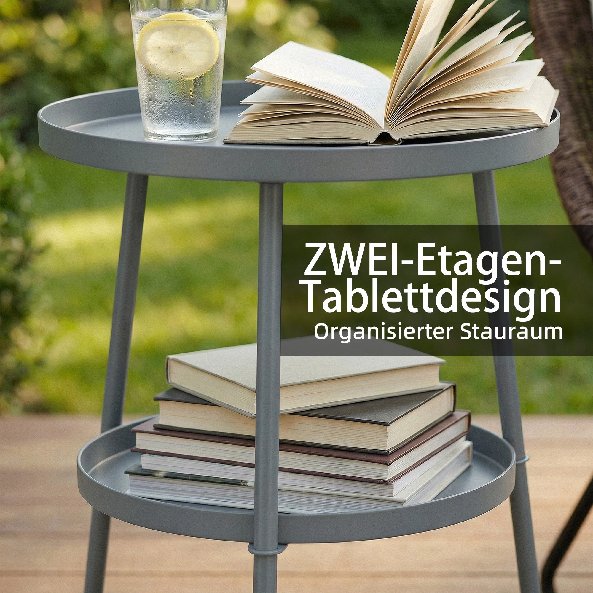 14.2" Round Outdoor Side Table — Metal Tripod Patio/Balcony Accent Table, Dark Gray
