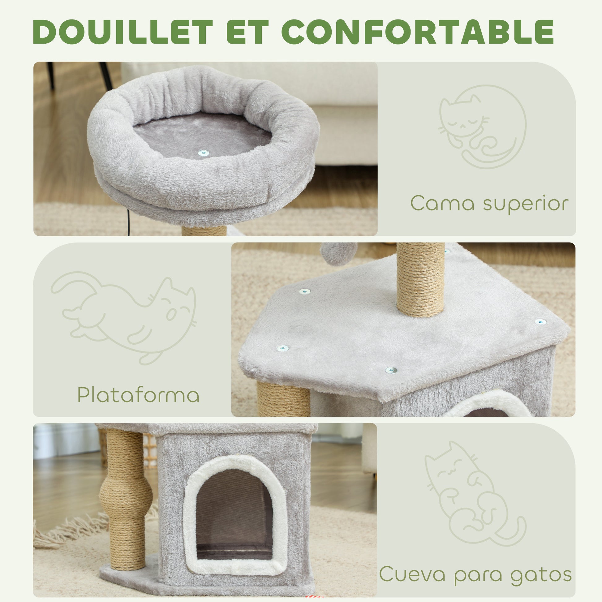 Cat Scratcher Height 66 cm Cat Tree Climbing Tower with Bed Cave Platform Hanging Ball and Jute Post Light Grey