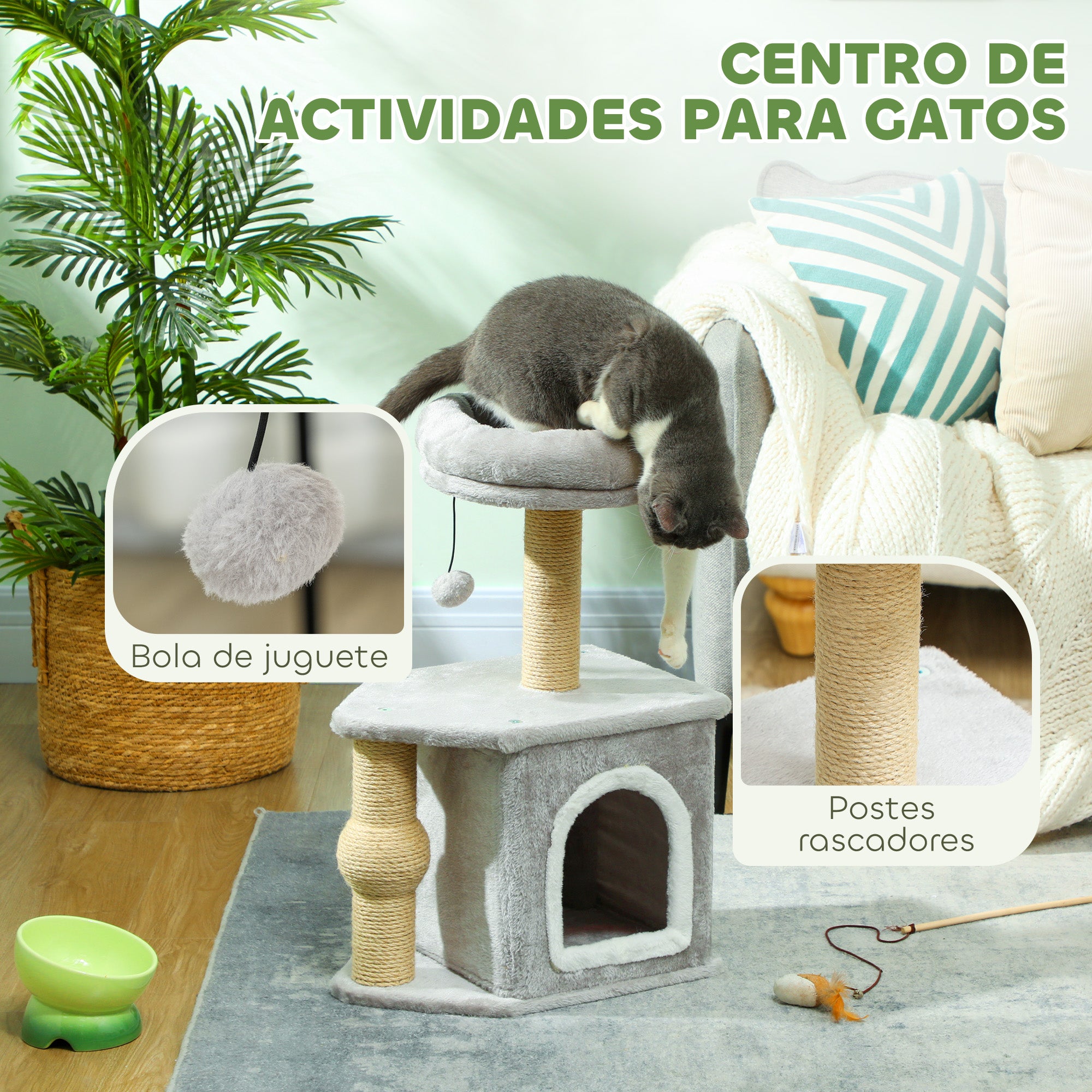 Cat Scratcher Height 66 cm Cat Tree Climbing Tower with Bed Cave Platform Hanging Ball and Jute Post Light Grey