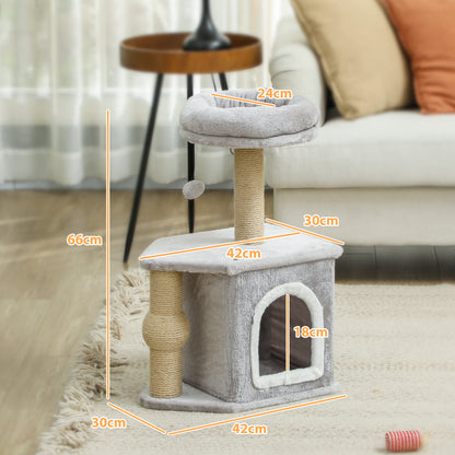 Cat Scratcher Height 66 cm Cat Tree Climbing Tower with Bed Cave Platform Hanging Ball and Jute Post Light Grey