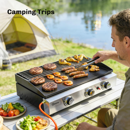 Portable Tabletop Gas Grill 7.5 kW – 3-Burner Ceramic-Coated Griddle, Stainless Warming Rack, Removable Grease Tray, Stainless Steel Picnic/Patio Grill