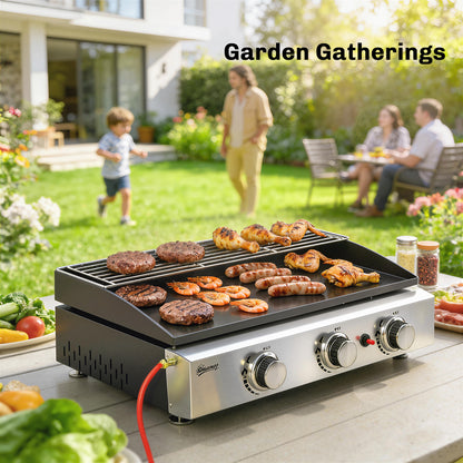 Portable Tabletop Gas Grill 7.5 kW – 3-Burner Ceramic-Coated Griddle, Stainless Warming Rack, Removable Grease Tray, Stainless Steel Picnic/Patio Grill