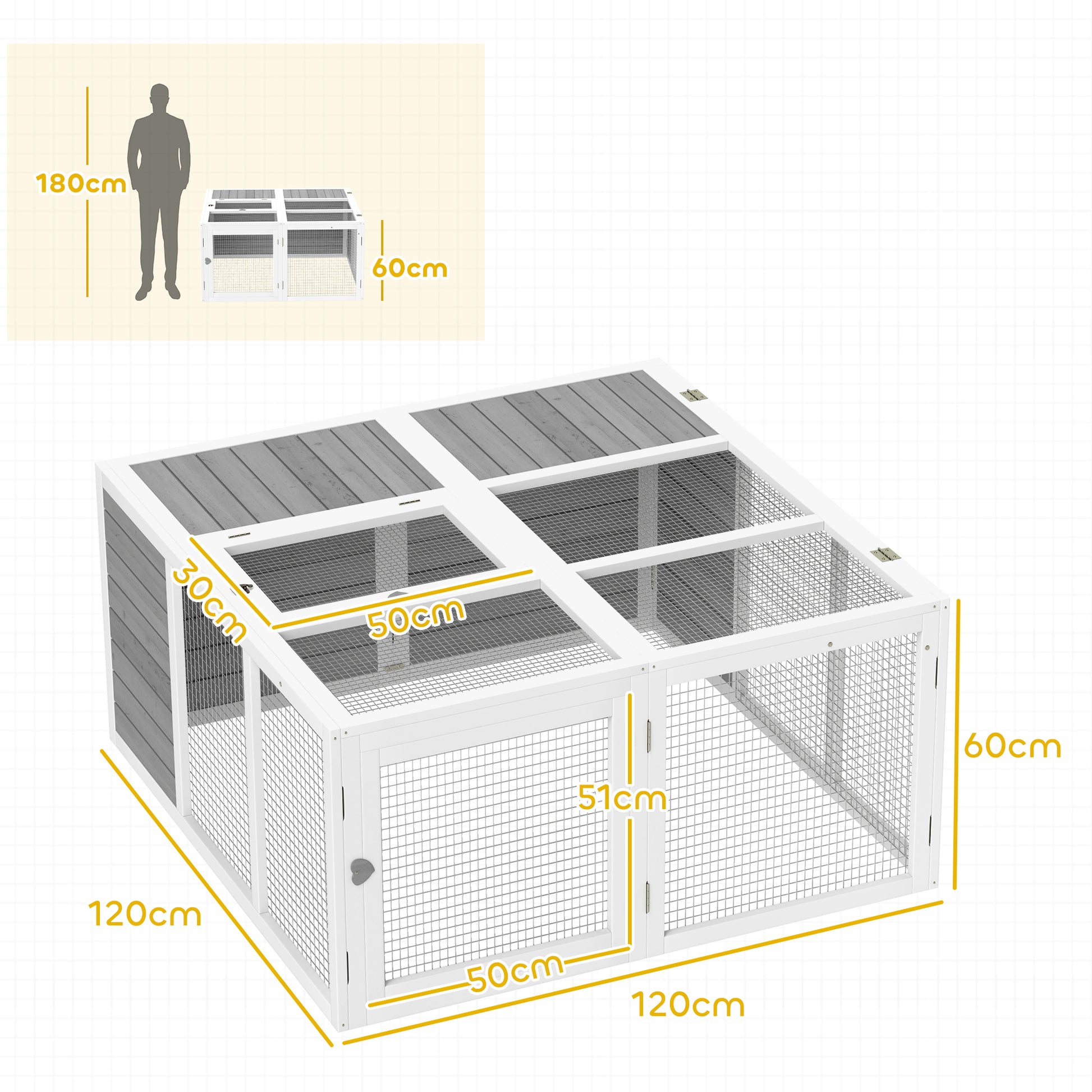 Rabbit Hutch Wooden, Small Animal Hutch with Outdoor Run, Rabbit Cage with Foldable Roof for Guinea Pigs, Light Gray, 120 x 120 x 60 cm