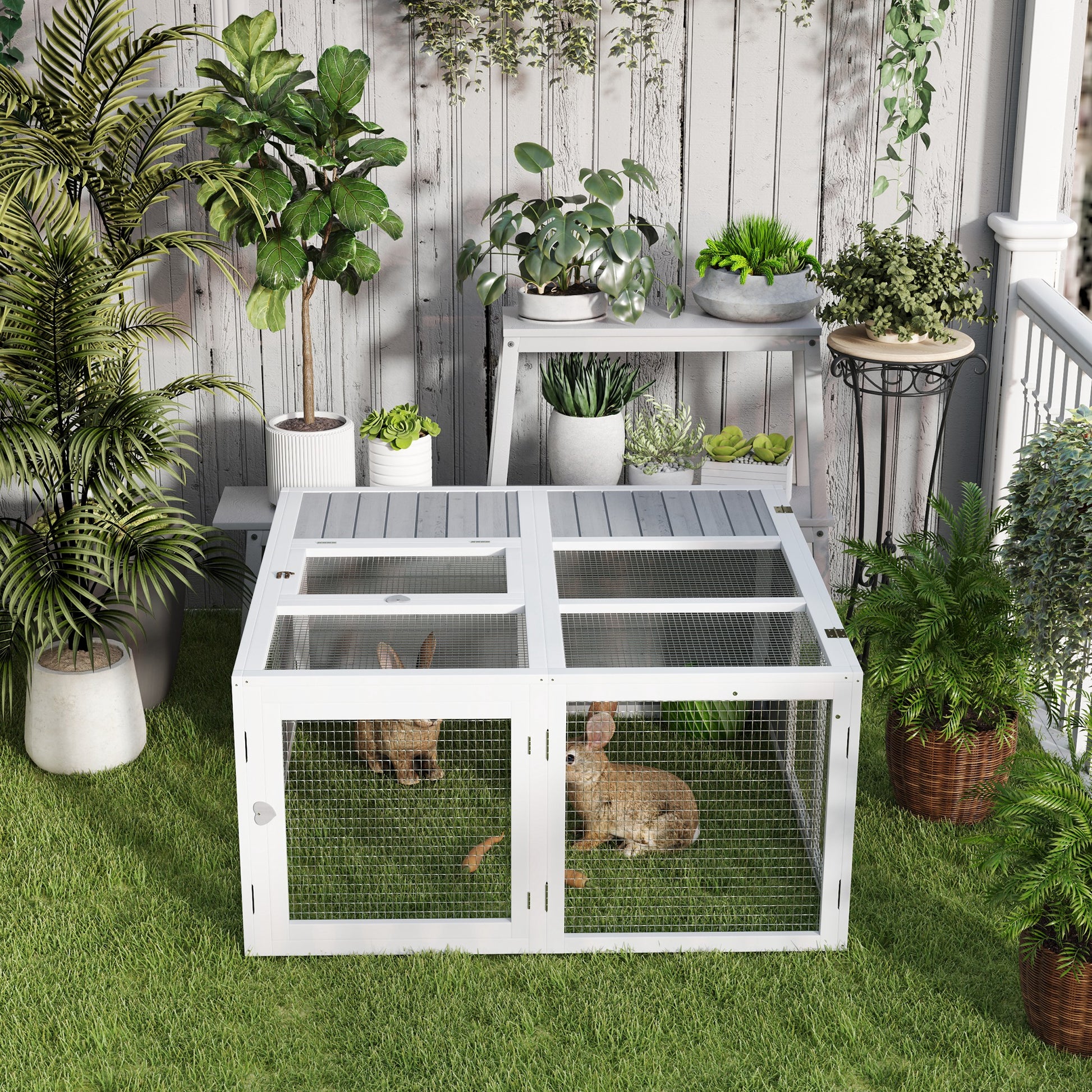 Rabbit Hutch Wooden, Small Animal Hutch with Outdoor Run, Rabbit Cage with Foldable Roof for Guinea Pigs, Light Gray, 120 x 120 x 60 cm