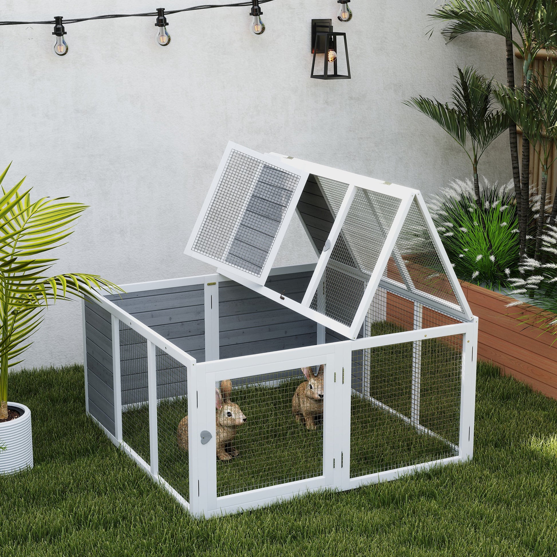 Rabbit Hutch Wooden, Small Animal Hutch with Outdoor Run, Rabbit Cage with Foldable Roof for Guinea Pigs, Light Gray, 120 x 120 x 60 cm