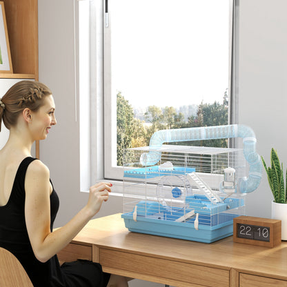 Portable Hamster Cage, Hamster Cage with Cabin, Exercise Wheel, Food Bowl, Water Bottle, Perches, Ladders, Tube System, 47.5 x 31.5 x 29.5 cm, Light Blue