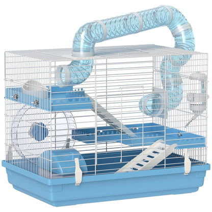 Portable Hamster Cage, Hamster Cage with Cabin, Exercise Wheel, Food Bowl, Water Bottle, Perches, Ladders, Tube System, 47.5 x 31.5 x 29.5 cm, Light Blue