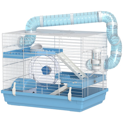 Portable Hamster Cage, Hamster Cage with Cabin, Exercise Wheel, Food Bowl, Water Bottle, Perches, Ladders, Tube System, 47.5 x 31.5 x 29.5 cm, Light Blue