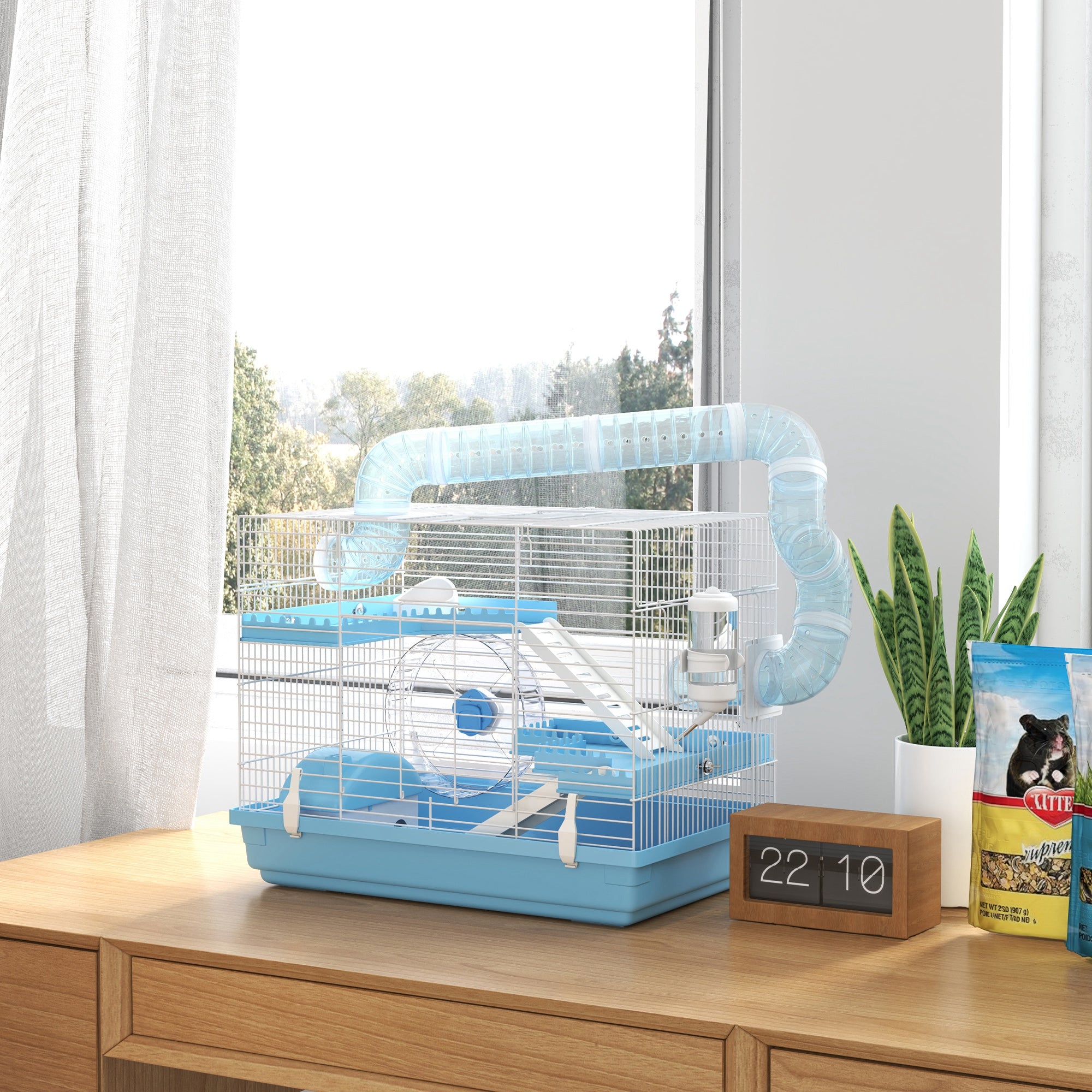 Portable Hamster Cage, Hamster Cage with Cabin, Exercise Wheel, Food Bowl, Water Bottle, Perches, Ladders, Tube System, 47.5 x 31.5 x 29.5 cm, Light Blue