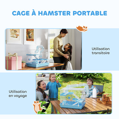 Portable Hamster Cage, Hamster Cage with Cabin, Exercise Wheel, Food Bowl, Water Bottle, Perches, Ladders, Tube System, 47.5 x 31.5 x 29.5 cm, Light Blue