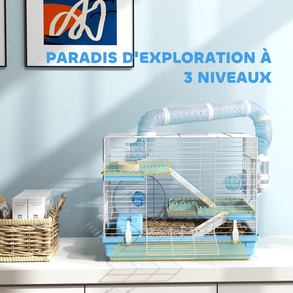 Portable Hamster Cage, Hamster Cage with Cabin, Exercise Wheel, Food Bowl, Water Bottle, Perches, Ladders, Tube System, 47.5 x 31.5 x 29.5 cm, Light Blue