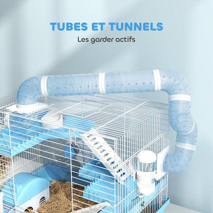 Portable Hamster Cage, Hamster Cage with Cabin, Exercise Wheel, Food Bowl, Water Bottle, Perches, Ladders, Tube System, 47.5 x 31.5 x 29.5 cm, Light Blue