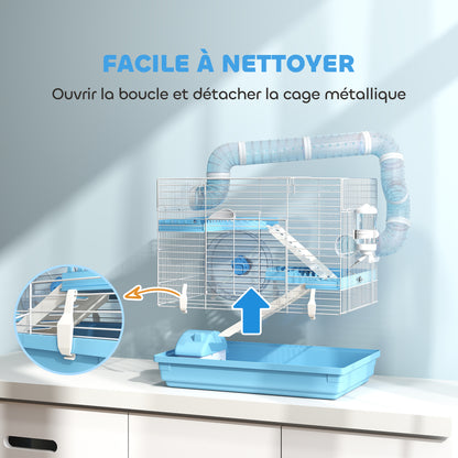 Portable Hamster Cage, Hamster Cage with Cabin, Exercise Wheel, Food Bowl, Water Bottle, Perches, Ladders, Tube System, 47.5 x 31.5 x 29.5 cm, Light Blue