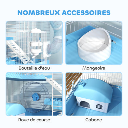 Portable Hamster Cage, Hamster Cage with Cabin, Exercise Wheel, Food Bowl, Water Bottle, Perches, Ladders, Tube System, 47.5 x 31.5 x 29.5 cm, Light Blue