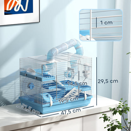 Portable Hamster Cage, Hamster Cage with Cabin, Exercise Wheel, Food Bowl, Water Bottle, Perches, Ladders, Tube System, 47.5 x 31.5 x 29.5 cm, Light Blue