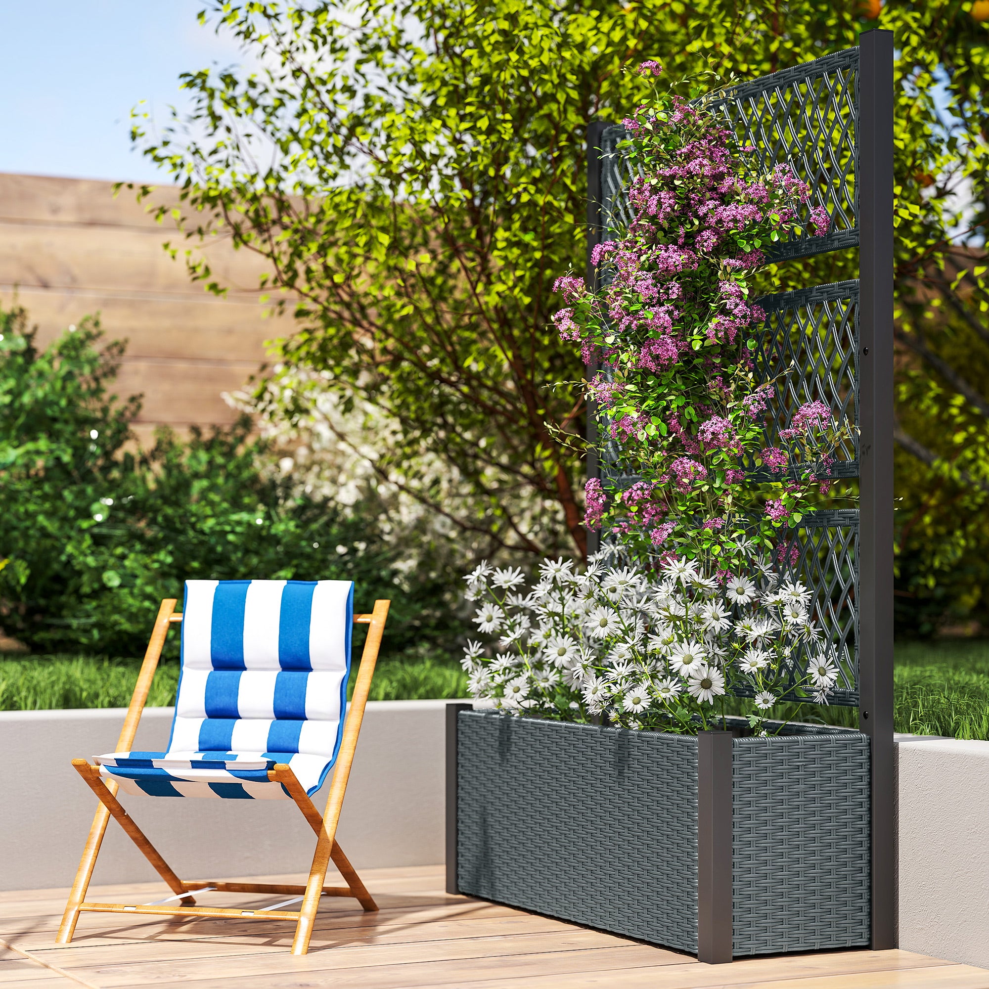 Large Rattan Planter with Trellis — Elevated Outdoor Planter with Breathable Liner for Climbing Plants, 58.3 x 35.4 x 13.8 in (148 x 90 x 35 cm), Dark Gray