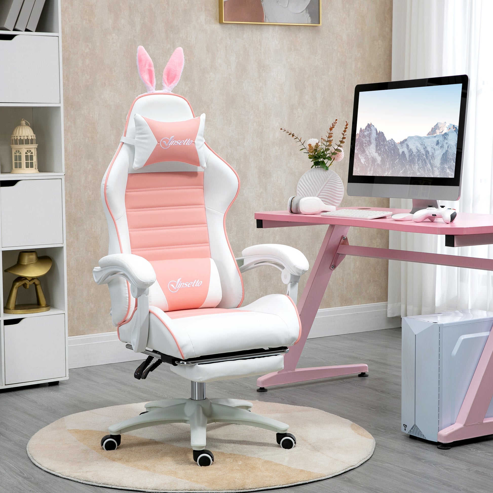 Gaming Chair Ergonomic Gamer Chair with Lumbar Support, Footrest, Gaming Seat with Bunny Ears, Head Pillow, Office Chair with Adjustable Backrest Recline Function Pink