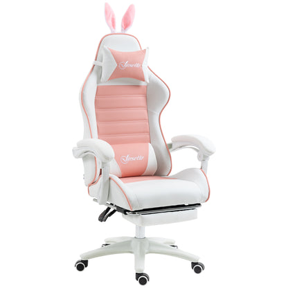 Gaming Chair Ergonomic Gamer Chair with Lumbar Support, Footrest, Gaming Seat with Bunny Ears, Head Pillow, Office Chair with Adjustable Backrest Recline Function Pink