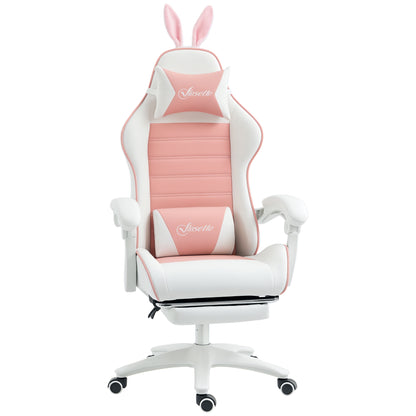 Gaming Chair Ergonomic Gamer Chair with Lumbar Support, Footrest, Gaming Seat with Bunny Ears, Head Pillow, Office Chair with Adjustable Backrest Recline Function Pink