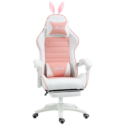 Gaming Chair Ergonomic Gamer Chair with Lumbar Support, Footrest, Gaming Seat with Bunny Ears, Head Pillow, Office Chair with Adjustable Backrest Recline Function Pink