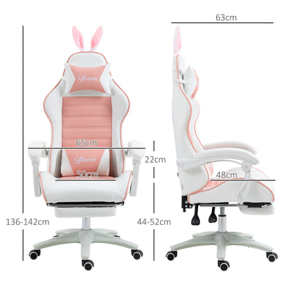 Gaming Chair Ergonomic Gamer Chair with Lumbar Support, Footrest, Gaming Seat with Bunny Ears, Head Pillow, Office Chair with Adjustable Backrest Recline Function Pink