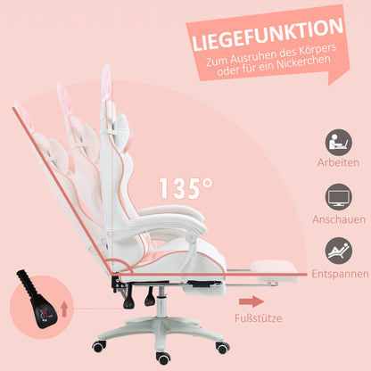 Gaming Chair Ergonomic Gamer Chair with Lumbar Support, Footrest, Gaming Seat with Bunny Ears, Head Pillow, Office Chair with Adjustable Backrest Recline Function Pink
