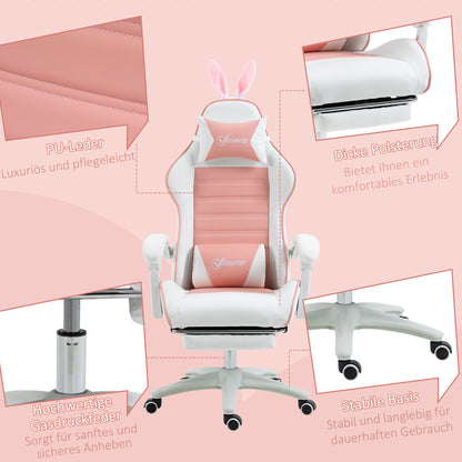 Gaming Chair Ergonomic Gamer Chair with Lumbar Support, Footrest, Gaming Seat with Bunny Ears, Head Pillow, Office Chair with Adjustable Backrest Recline Function Pink