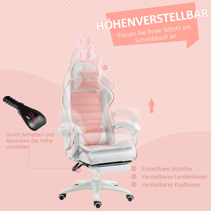 Gaming Chair Ergonomic Gamer Chair with Lumbar Support, Footrest, Gaming Seat with Bunny Ears, Head Pillow, Office Chair with Adjustable Backrest Recline Function Pink