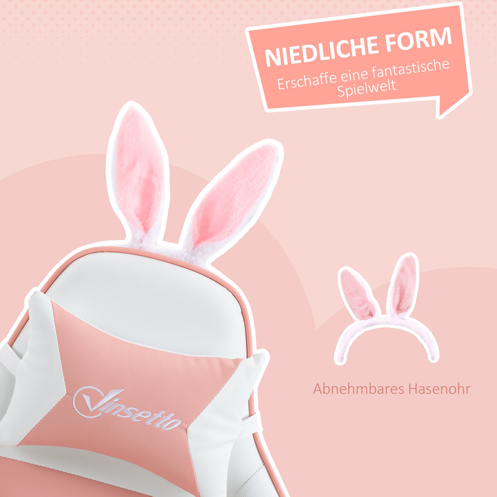 Gaming Chair Ergonomic Gamer Chair with Lumbar Support, Footrest, Gaming Seat with Bunny Ears, Head Pillow, Office Chair with Adjustable Backrest Recline Function Pink