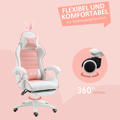 Gaming Chair Ergonomic Gamer Chair with Lumbar Support, Footrest, Gaming Seat with Bunny Ears, Head Pillow, Office Chair with Adjustable Backrest Recline Function Pink