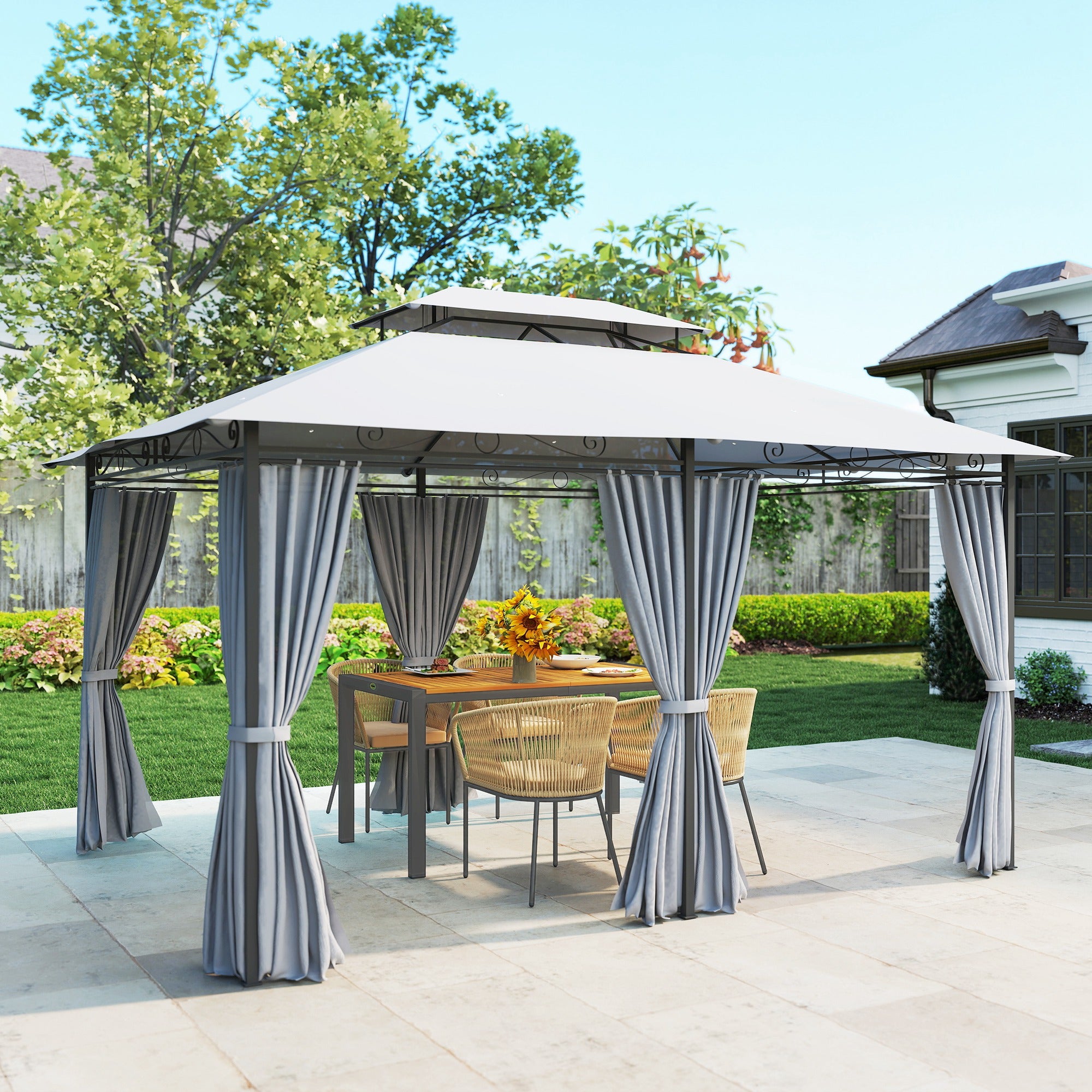 Gazebo 4 x 3 m (13 x 10 ft) — Water-Resistant, Sturdy Metal Pavilion with Double Roof and 6 Side Panels, Dark Gray