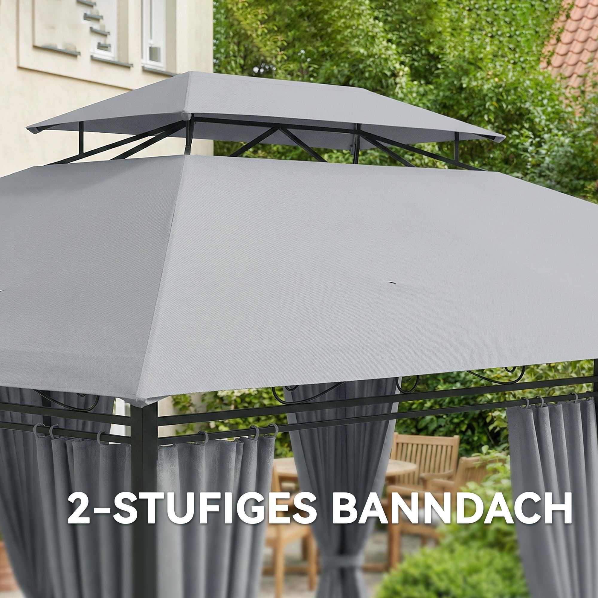 Gazebo 4 x 3 m (13 x 10 ft) — Water-Resistant, Sturdy Metal Pavilion with Double Roof and 6 Side Panels, Dark Gray