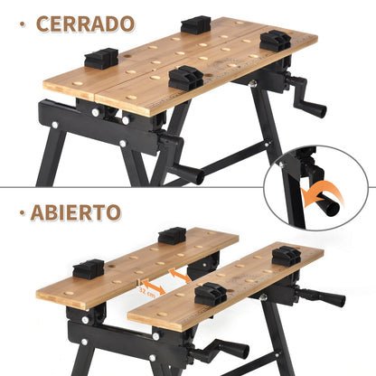 Foldable Portable Workbench with Adjustable Bamboo and Steel Boards 150 kg Load Capacity 63.5x60.5x78 cm Natural Wood and Black