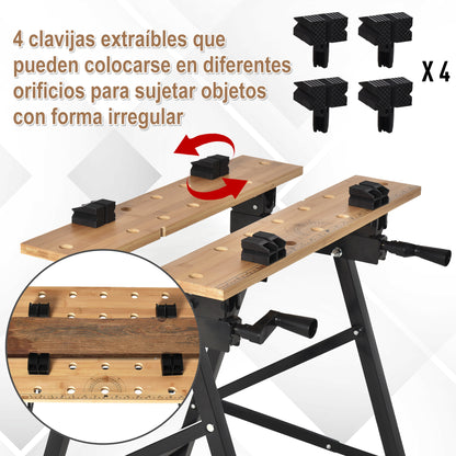 Foldable Portable Workbench with Adjustable Bamboo and Steel Boards 150 kg Load Capacity 63.5x60.5x78 cm Natural Wood and Black