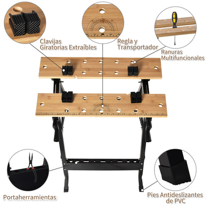 Foldable Portable Workbench with Adjustable Bamboo and Steel Boards 150 kg Load Capacity 63.5x60.5x78 cm Natural Wood and Black