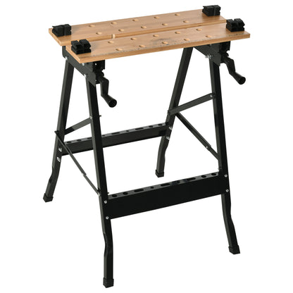 Foldable Portable Workbench with Adjustable Bamboo and Steel Boards 150 kg Load Capacity 63.5x60.5x78 cm Natural Wood and Black