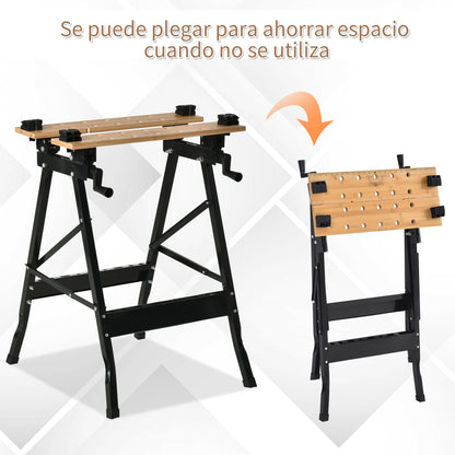 Foldable Portable Workbench with Adjustable Bamboo and Steel Boards 150 kg Load Capacity 63.5x60.5x78 cm Natural Wood and Black