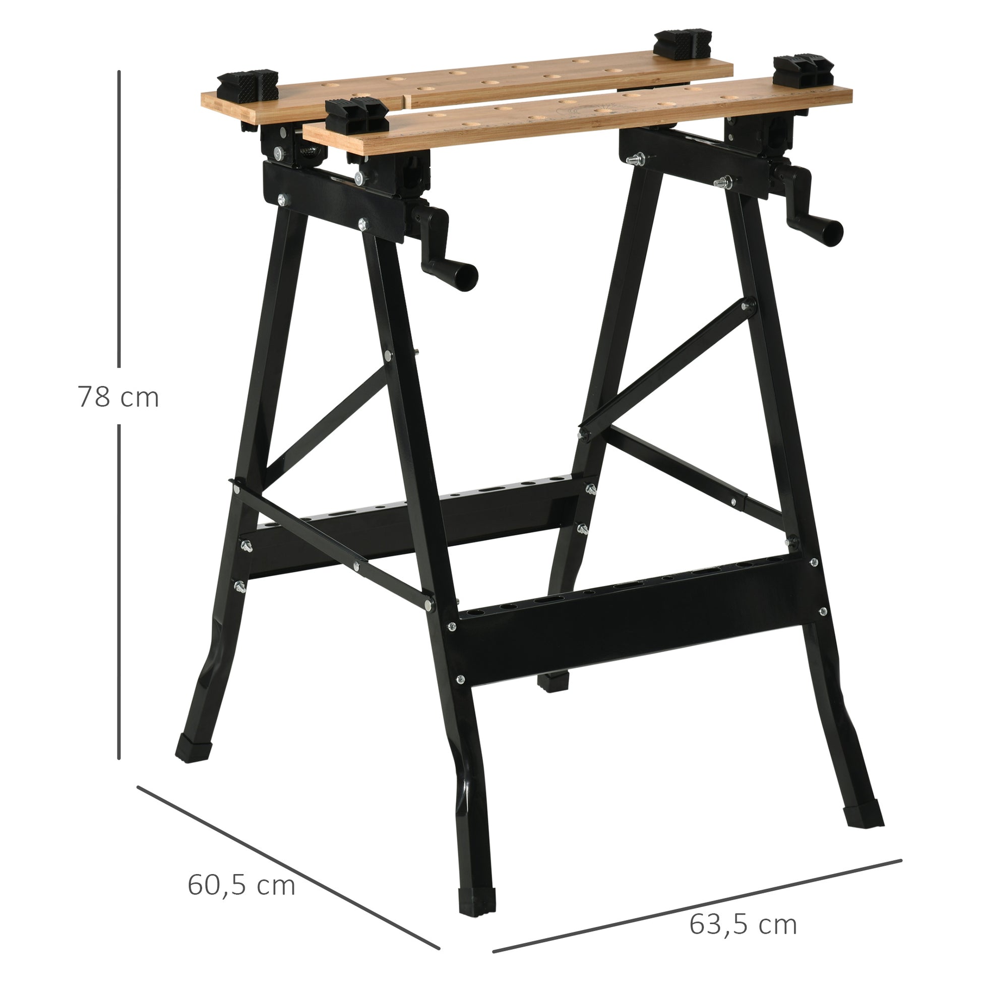 Foldable Portable Workbench with Adjustable Bamboo and Steel Boards 150 kg Load Capacity 63.5x60.5x78 cm Natural Wood and Black
