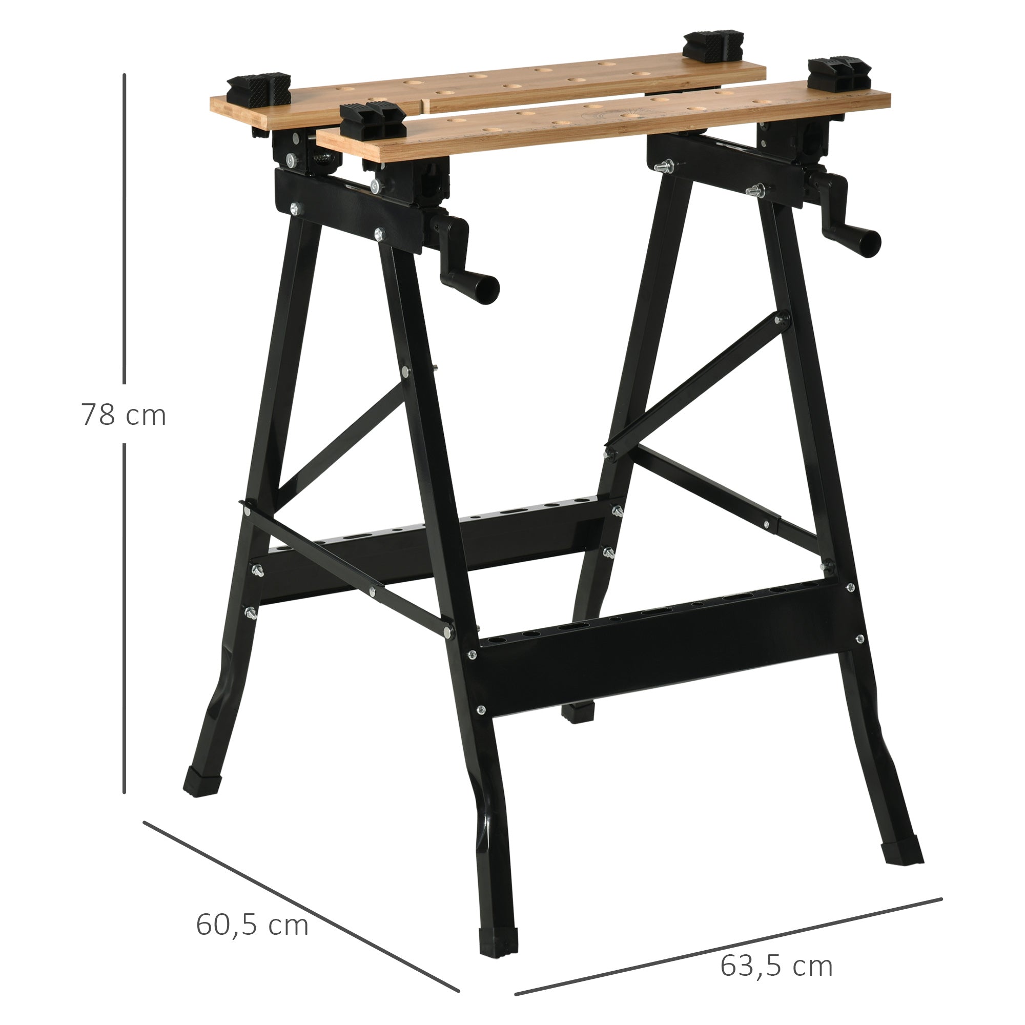 Foldable Portable Workbench with Adjustable Bamboo and Steel Boards 150 kg Load Capacity 63.5x60.5x78 cm Natural Wood and Black