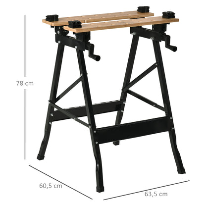 Foldable Portable Workbench with Adjustable Bamboo and Steel Boards 150 kg Load Capacity 63.5x60.5x78 cm Natural Wood and Black