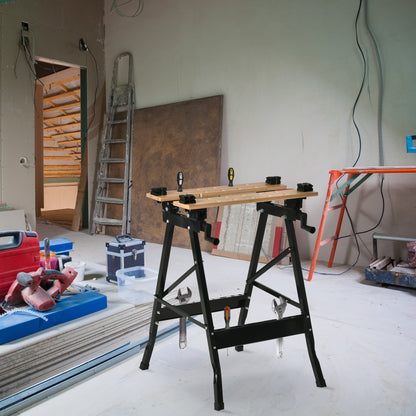Foldable Portable Workbench with Adjustable Bamboo and Steel Boards 150 kg Load Capacity 63.5x60.5x78 cm Natural Wood and Black