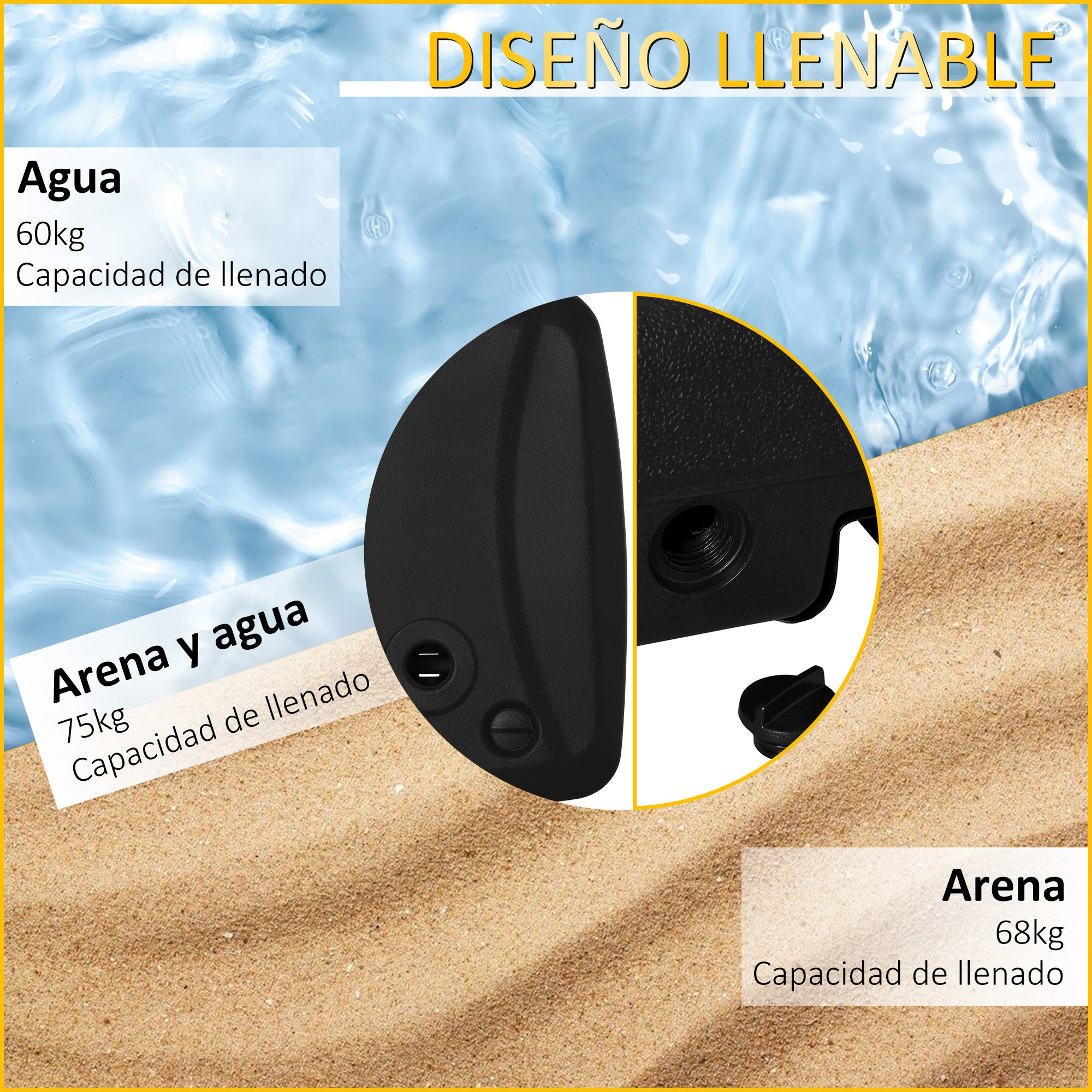 Umbrella Base with 2 Wheels Filled with Water 60 kg Sand 68 kg or Mixed 75 kg Umbrella Stand for Cross Base for Garden Patio Terrace 80x60x17 cm Black