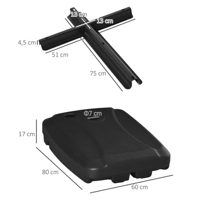 Umbrella Base with 2 Wheels Filled with Water 60 kg Sand 68 kg or Mixed 75 kg Umbrella Stand for Cross Base for Garden Patio Terrace 80x60x17 cm Black