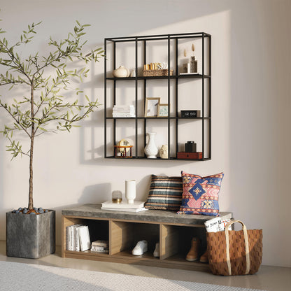 Industrial 9-Compartment Wall Shelf — Modular Metal Display Shelf for Collectibles & Home Decor, Black