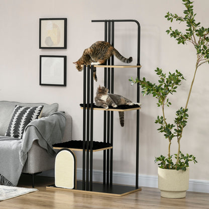 Cat Tree 170 cm Scratching Post with Pillow Climbing Tree with Scratching Board, Cat Scratching Tree with 3 Platforms, Cat Furniture, Steel, Black