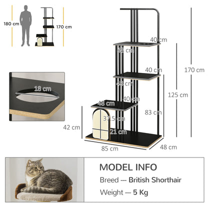 Cat Tree 170 cm Scratching Post with Pillow Climbing Tree with Scratching Board, Cat Scratching Tree with 3 Platforms, Cat Furniture, Steel, Black