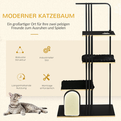 Cat Tree 170 cm Scratching Post with Pillow Climbing Tree with Scratching Board, Cat Scratching Tree with 3 Platforms, Cat Furniture, Steel, Black