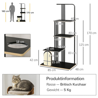 Cat Tree 170 cm Scratching Post with Pillow Climbing Tree with Scratching Board, Cat Scratching Tree with 3 Platforms, Cat Furniture, Steel, Black