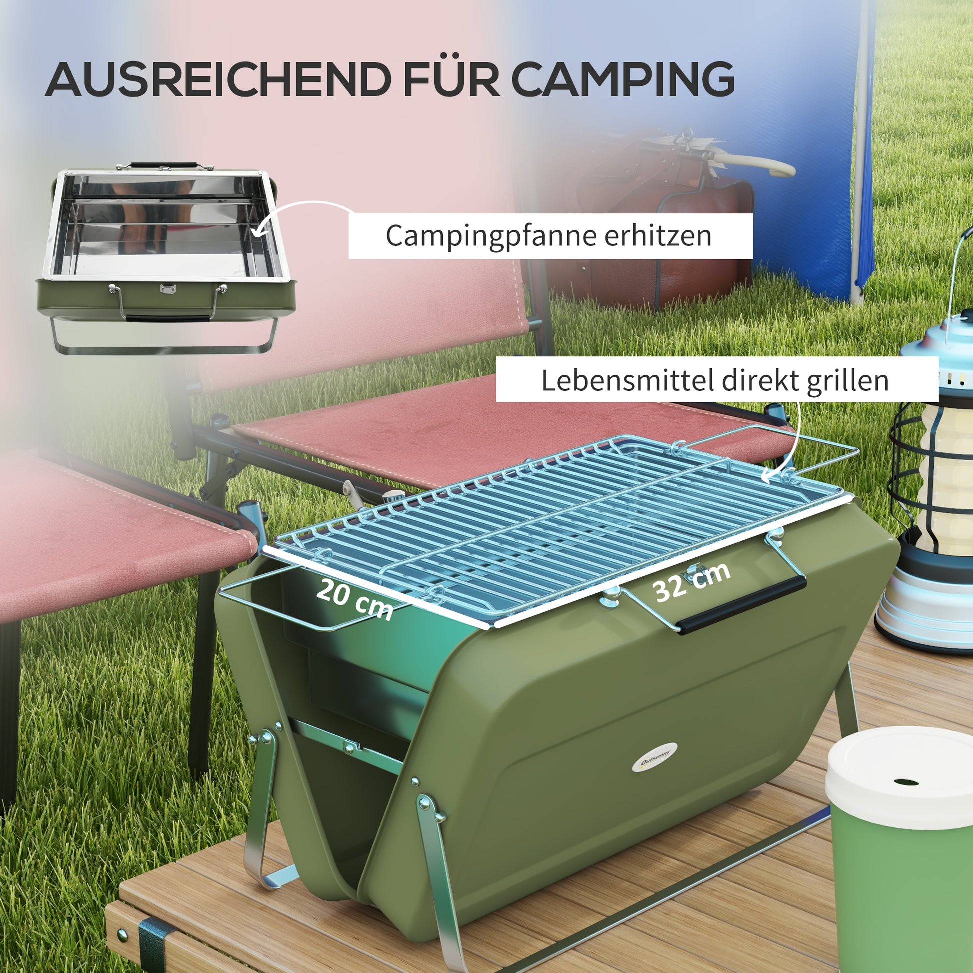 Tabletop Grill Charcoal Grill, Tabletop Charcoal Grill with Charcoal Tray, Grilling Rack Camping Grill with Handle for Picnic, Garden, Stainless Steel Green, 47 x 30 x 28 cm